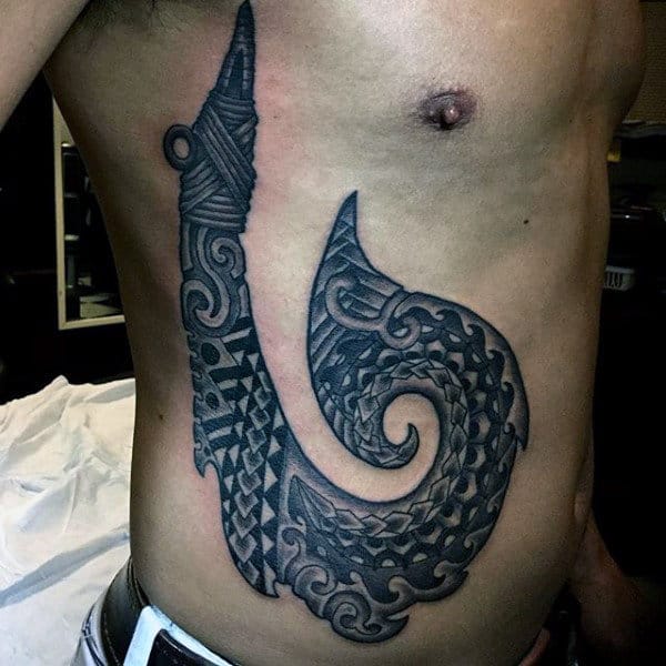 Tribal Fish Hook Tattoo Design On Rib Cage Side For Men