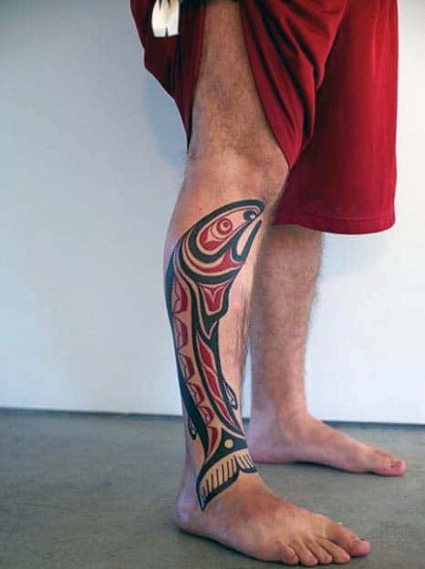 Tribal Fish Mens Red And Black Ink Haida Tattoos On Leg