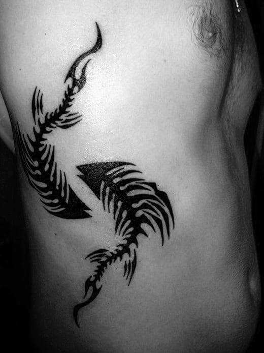 Tribal Fish Skeletons Mens Black Ink Rib Cage Side Tattoos