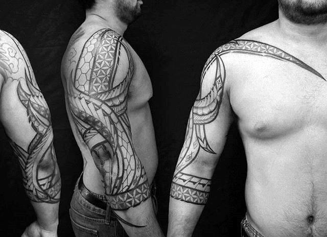 Tribal Flower Of Life Male Arm Tattoos