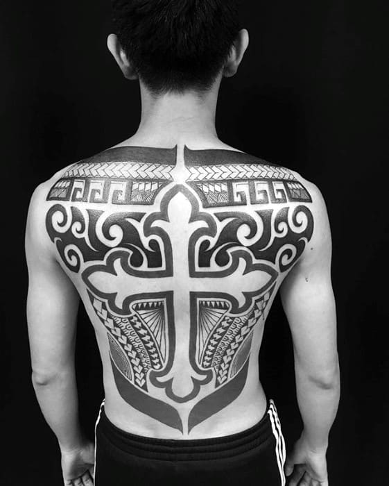 Tribal Full Back Mens Badass Cross Tattoo Ideas