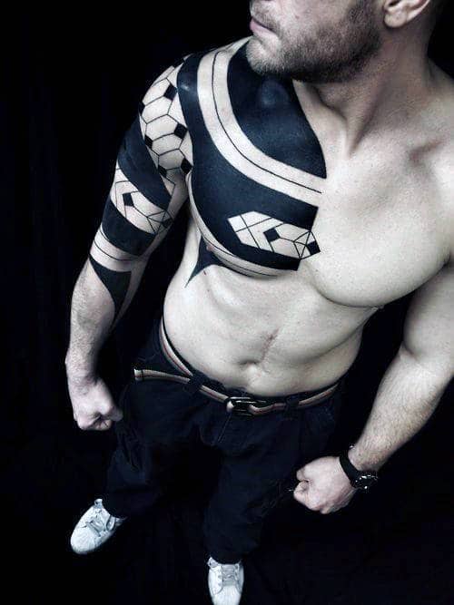Tribal Geometric Lines Blackwork Tattoo For Men On Chest And Upper Arm