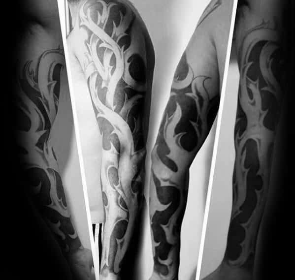 Tribal Guys Negative Space Thorns Themed Full Sleeve Tattoos