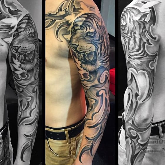 Tribal Guys Tiger Full Sleeve Tattoo Ideas