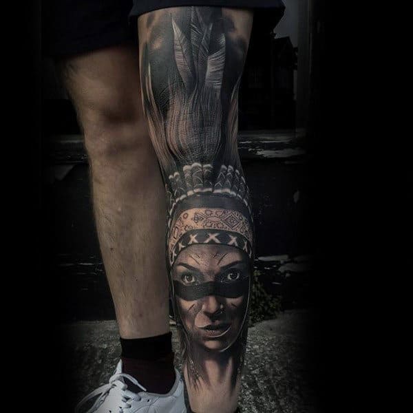 Tribal Lady With Lovely Head Dress Manly Tattoos On Guys Legs