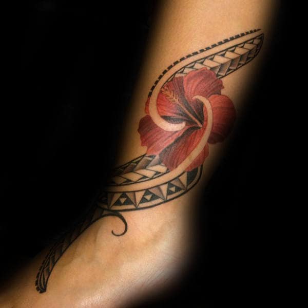 Tribal Lower Leg And Foot Mens Hibiscus Tattoo