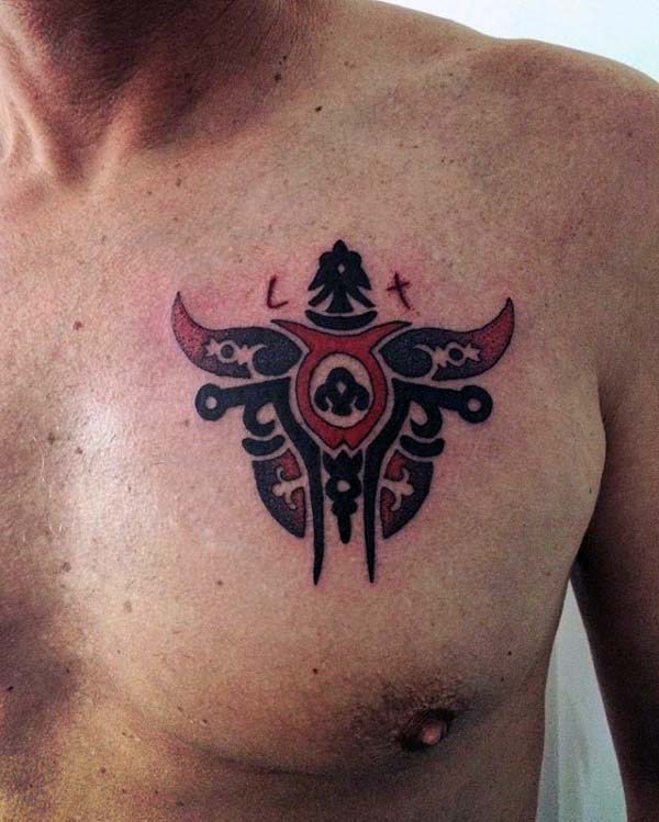 Tribal Male Black And Red Ink Bull Skull Chest Tattoo Designs