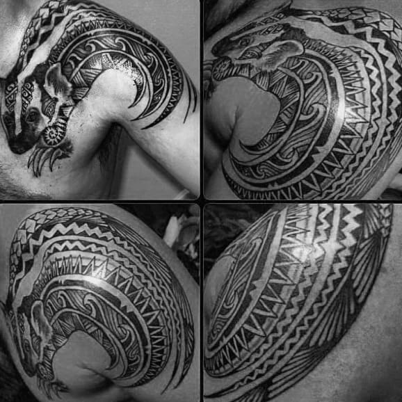 Tribal Male Honey Badger Shoulder Tattoos
