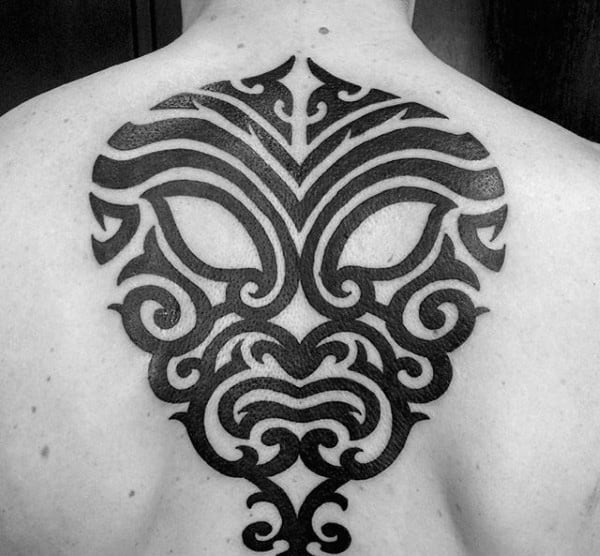 Tribal Mask Original Upper Back Mens Tattoos With Black Ink Design