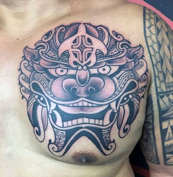 Tribal Mens Foo Dog Upper Chest Tattoos