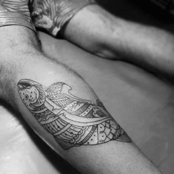Tribal Mens Pattern Trout Back Of Leg Tattoo Designs