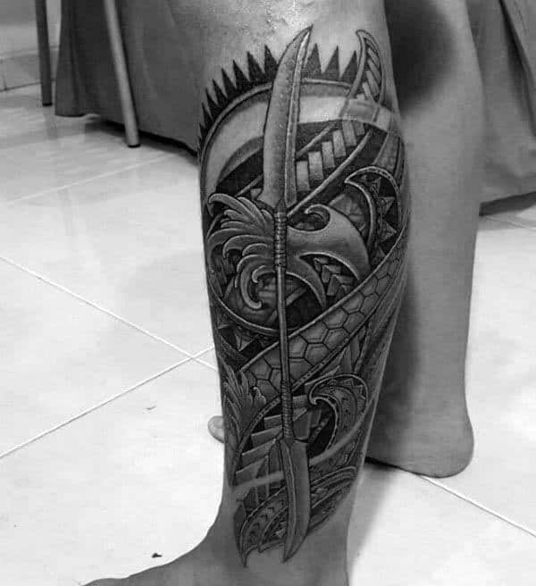 Tribal Mens Spear Leg Sleeve Tattoo