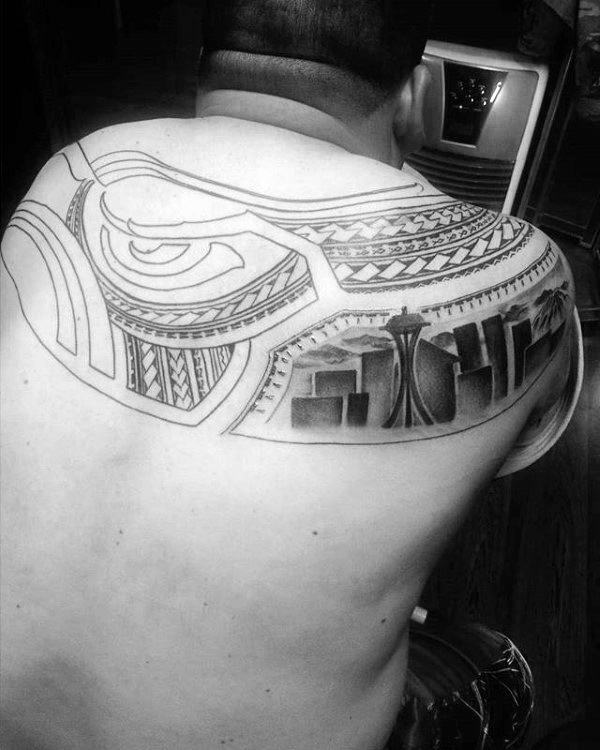 Tribal Mens Upper Back Seattle Skyline Tattoo