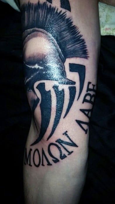 Tribal Molon Labe With Greek Helmet Mens Forearm Tattoo Design Ideas