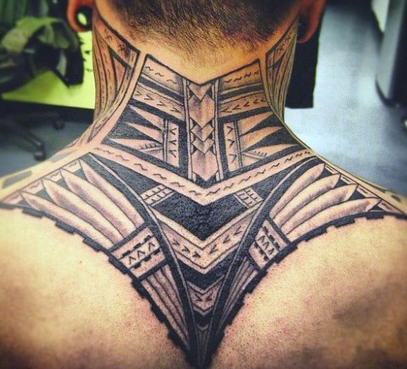Geometric tattoo covering the back of a person's neck and upper shoulders