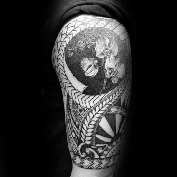 Tribal Orchid With Negative Space Design Mens Half Sleeve Tattoos