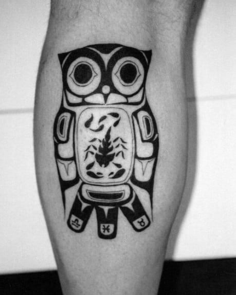 Tribal Owl With Scorpion Mens Haida Leg Calf Tattoo