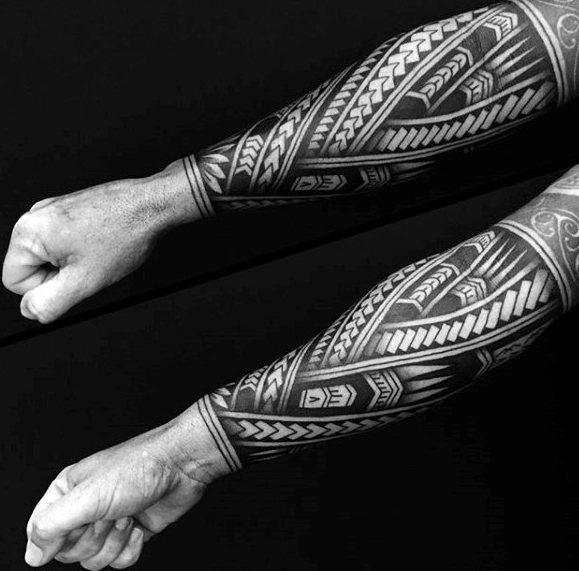 Tribal Polynesian All Black Mens Forearm Sleeve Tattoos
