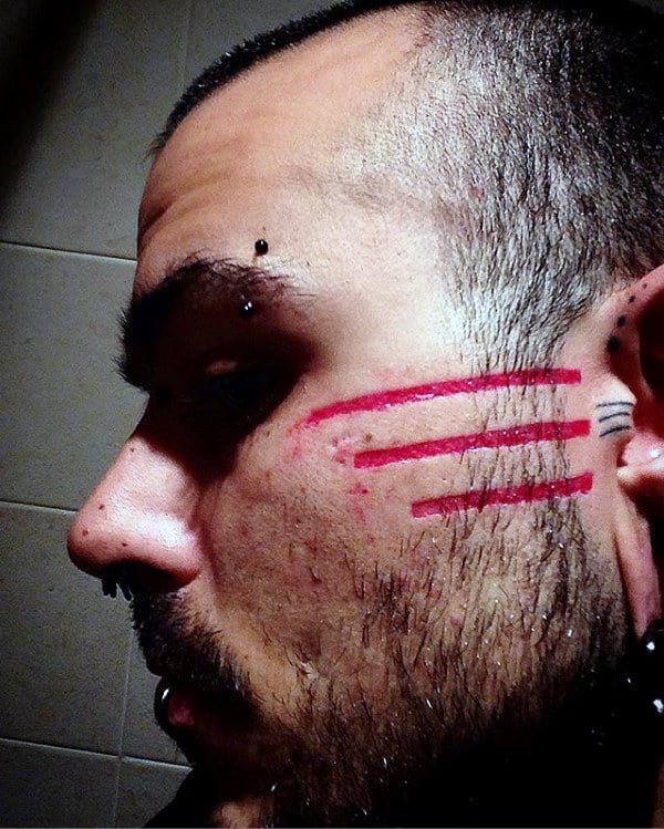 Tribal Red Ink Lines Mens Stripe Face Tattoos