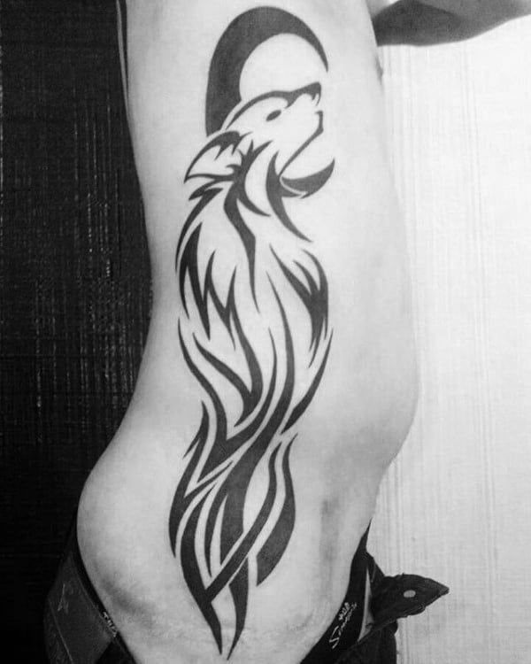 Tribal Ribs Mens Howling Wolf At Moon Tattoo