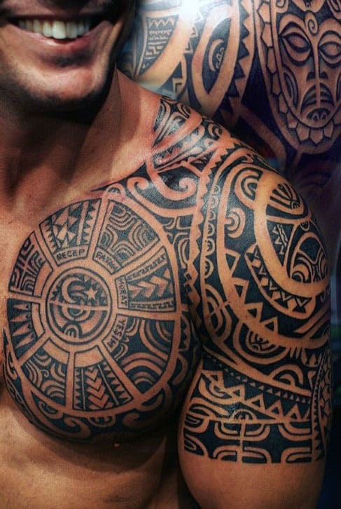 Tribal Shoulder And Chest Male Tattoos