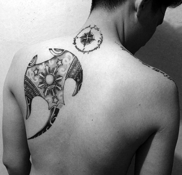 Tribal Shoulder Blade Shaded Male Manta Ray Tattoo Design Inspiration