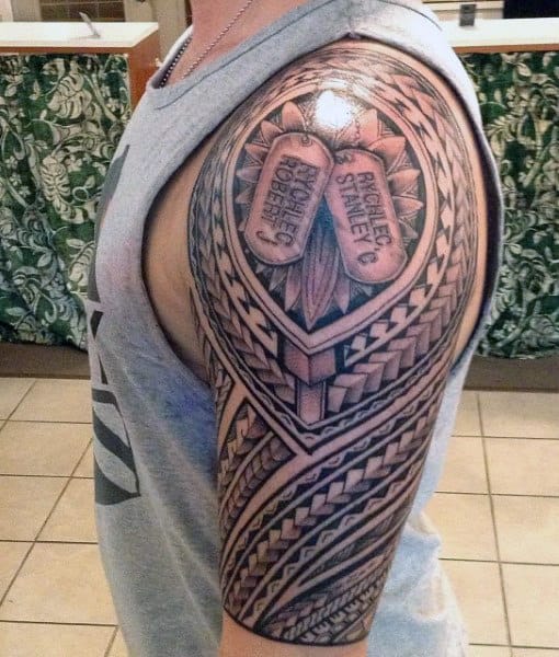 Tribal Sleeve Dog Tag Tattoos For Guys