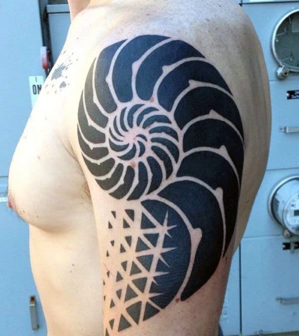 Tribal Sprial Seashell Mens Black Ink Upper Arm Tattoo