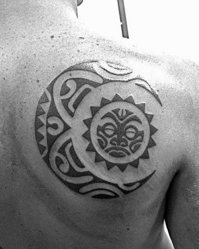 Tribal Sun And Moon Tattoos For Men On Back Of Shoulder