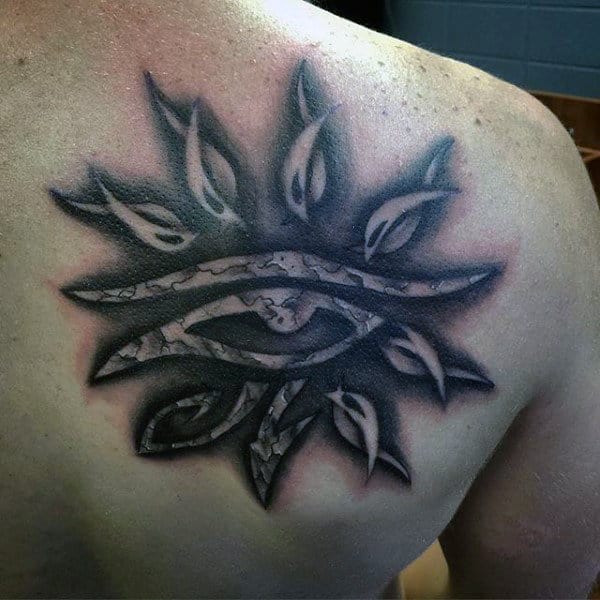 Tribal Sun Eye Of Horus Mens Shoulder Tattoo With Shaded Black Ink
