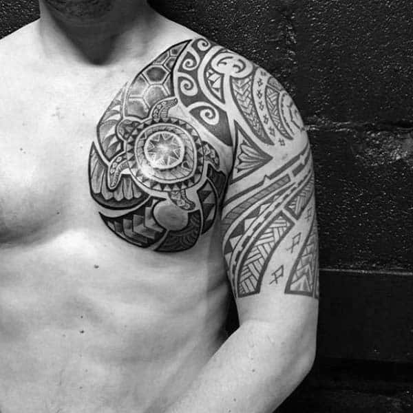 Tribal Turtle Half Sleeve And Upper Chest Tattoos For Men