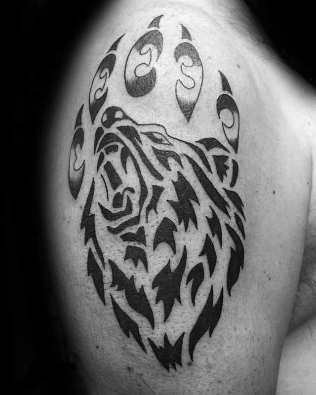 Tribal Upper Arm Black Ink Bear Claw Tattoo On Gentleman