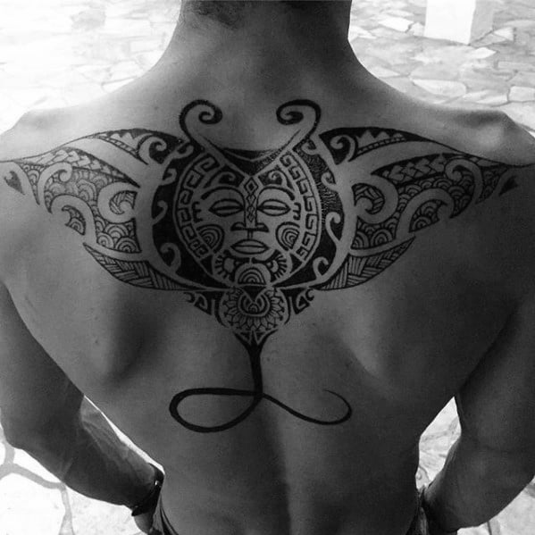 Tribal Upper Back Hawaiian Male Cool Manta Ray Tattoo Ideas