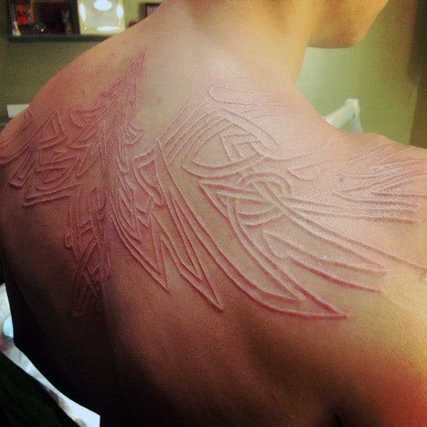 Tribal Wings White Ink Mens Back Tattoo
