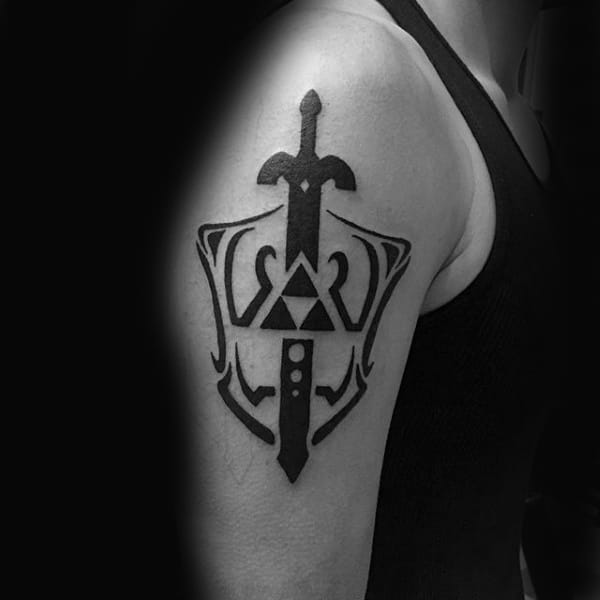 Tribal Zelda Sword With Shield Upper Arm Tattoos For Males