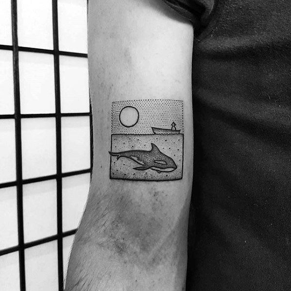 Minimalistic black and white orca tattoo on the forearm, featuring a dotted style scene with the whale swimming below the water, accompanied by a boat and sun above.