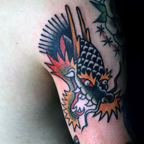 Tricep Back Of Arm Male Small Dragon Head Tattoo