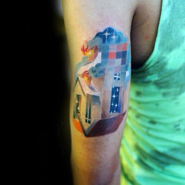 Tricep Burning House Night Sky Pixel Male Tattoo Designs