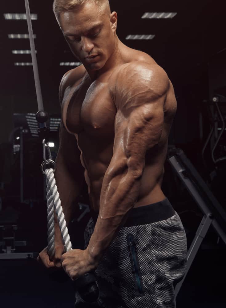 young muscular man doing rope triceps pushdown exercise in gym