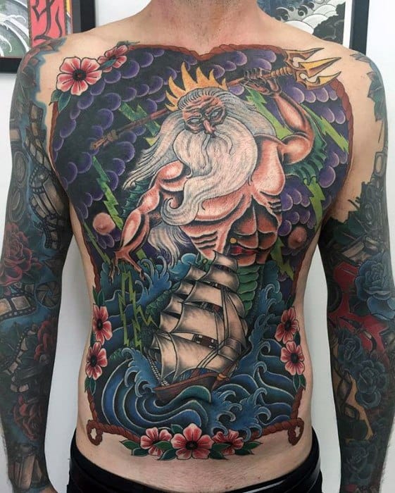 Trident Poseidon Greek God Full Chest Tattoos For Gentlemen
