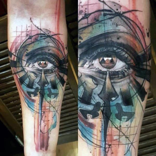 Triforce Abstract Eye Watercolor Male Inner Forearm Tattoos