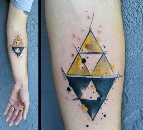 Triforce Mens Black And Yellow Watercolor Inner Forearm Tatoo