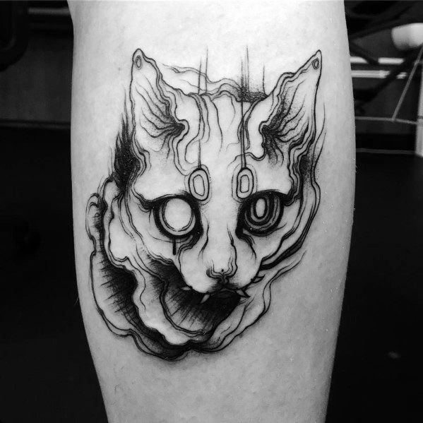 Surreal blackwork cat tattoo with melting features and hollow eyes, creating a haunting and otherworldly design.