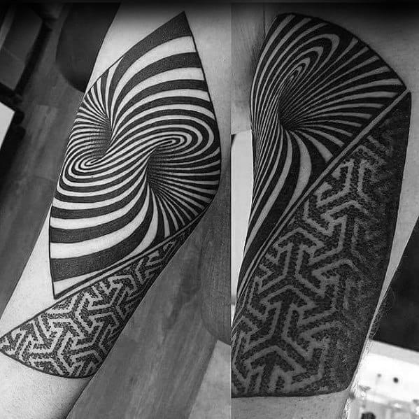 Blackwork tattoo featuring a bold spiral optical illusion paired with intricate dotwork geometric patterns, divided into sharp, angular sections.