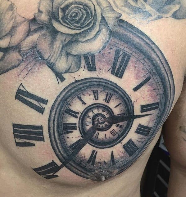 Realistic spiral clock tattoo on the chest with Roman numerals and roses, symbolizing the passage and distortion of time.