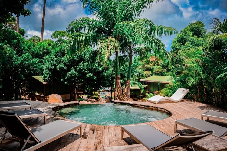 tropical cabana above ground pool wrapped around deck