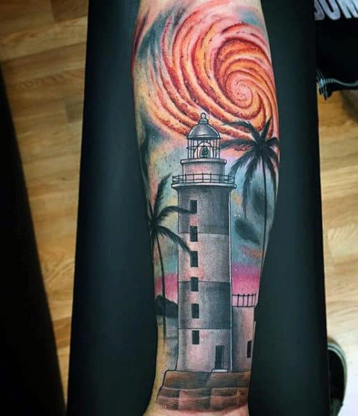 Tropical Lighthouse Tattoo For Men With Colors
