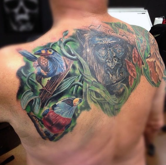 Tropical Rain Forest Gorilla Tattoo For Men On Upper Back With Color Ink