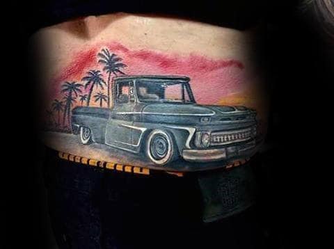 Tropical Sunset Mens Chevy Truck Back Tattoo Design Ideas