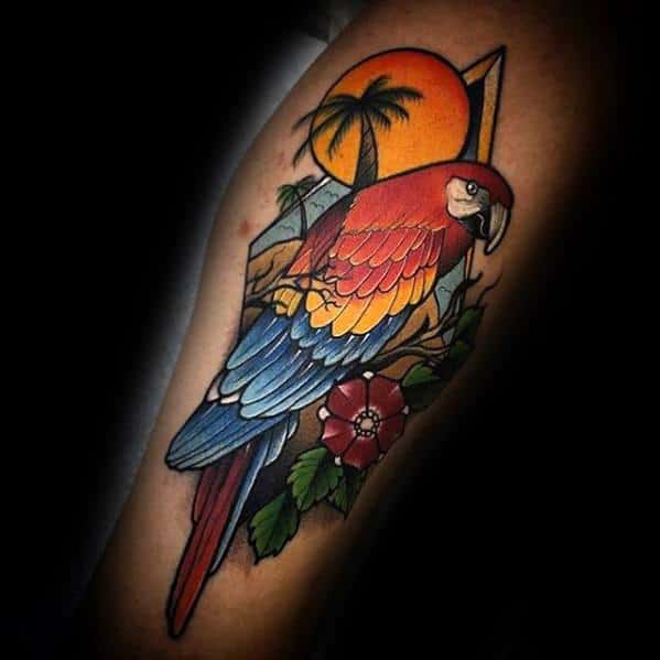 Tropical Themed Parrot Tattoos Men On Forearm